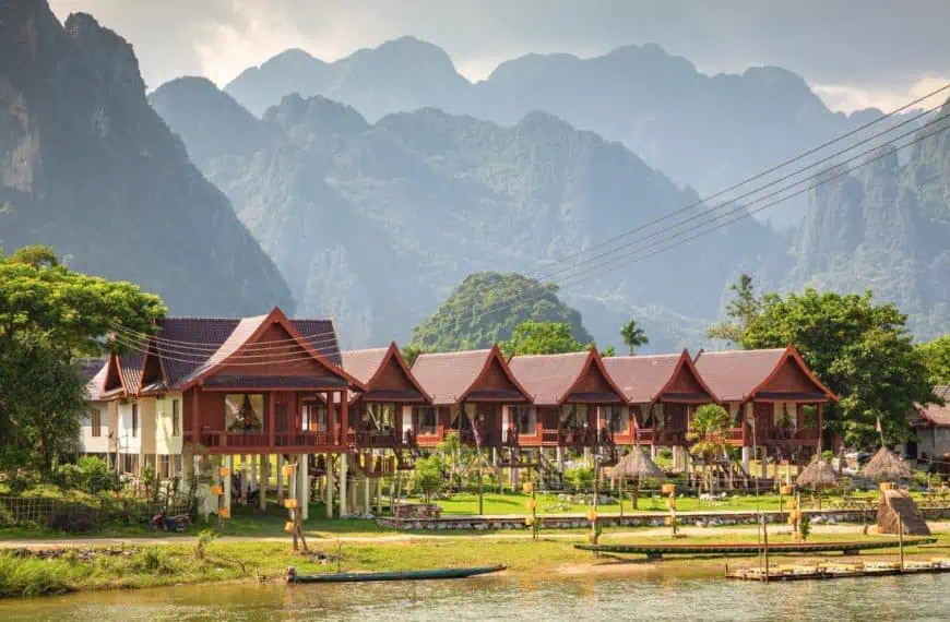 Village and mountain in Vang Vieng, Laos