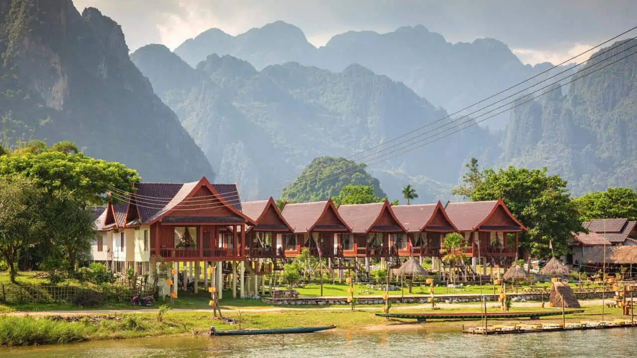 Village and mountain in Vang Vieng, Laos