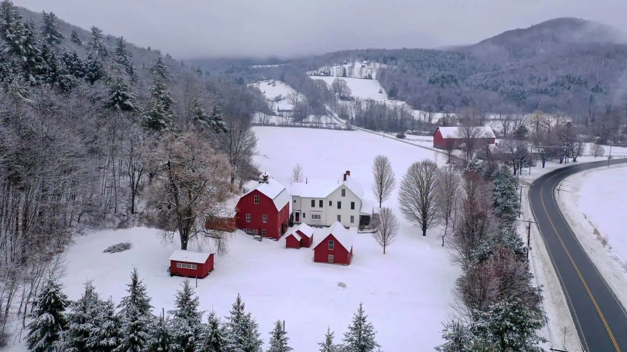 Rural Farmhouse in Vermont Winter Landscape