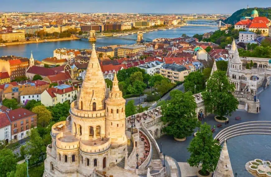 Fisherman's Bastion at sunset with Szechenyi Chain Bridge in Budapest, Hungary